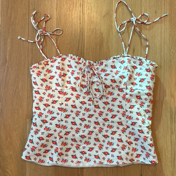 Zara Tank Tie Strap Linen Floral Babydoll Blouse Size Medium - Picture 3 of 8